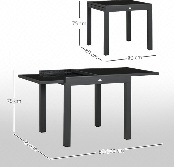 Rozkládací zahradní stůl Outsunny z hliníku s tvrzeným sklem pro 4-6 osob, nosnost 50 kg, rozměry 80-160x80x75 cm černý | Aosom