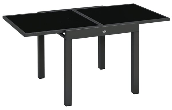 Rozkládací zahradní stůl Outsunny z hliníku s tvrzeným sklem pro 4-6 osob, nosnost 50 kg, rozměry 80-160x80x75 cm černý | Aosom