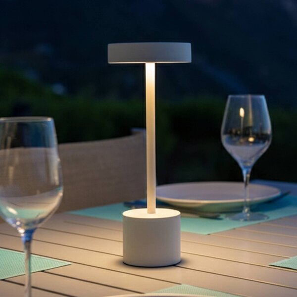 Lumisky LED stolní lampa Roby na akumulátor, bílá, výška 30 cm, IP54, stmívatelný, Bílá / opál, Hliník, Moderní