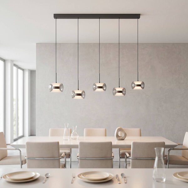 Paul Neuhaus LED závěsné světlo Fumea, délka 119 cm, černá/kouřová, sklo, 5 žárovek, stmívatelný, Černá, Obývací pokoj / jídelna, Sklo