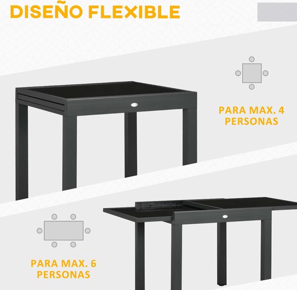 Rozkládací zahradní stůl Outsunny z hliníku s tvrzeným sklem pro 4-6 osob, nosnost 50 kg, rozměry 80-160x80x75 cm černý | Aosom