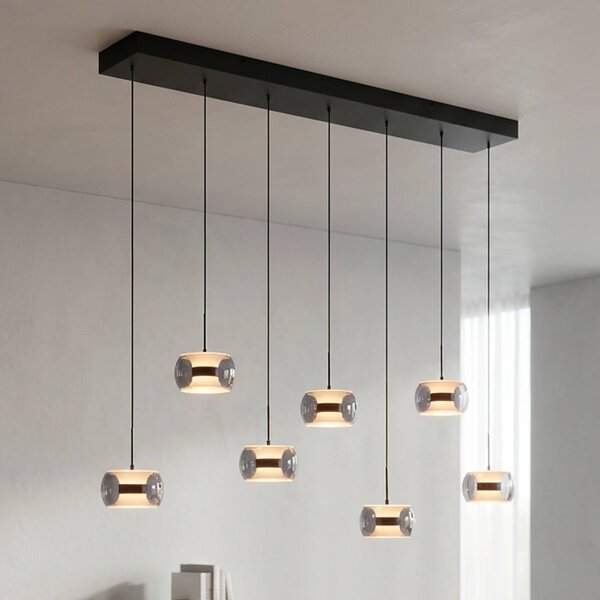 Paul Neuhaus LED závěsné světlo Fumea, délka 135 cm, černá/kouřová, sklo, 7 žárovek, stmívatelný, Černá, Obývací pokoj / jídelna, Sklo