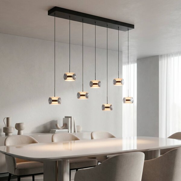 Paul Neuhaus LED závěsné světlo Fumea, délka 135 cm, černá/kouřová, sklo, 7 žárovek, stmívatelný, Černá, Obývací pokoj / jídelna, Sklo
