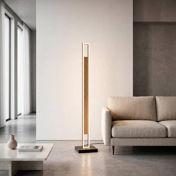 Paul Neuhaus LED stojací lampa Sveja, černá/v barvě dřeva, výška 140 cm,, stmívatelný, Světlé dřevo, Obývací pokoj / jídelna, Dřevo, Moderní