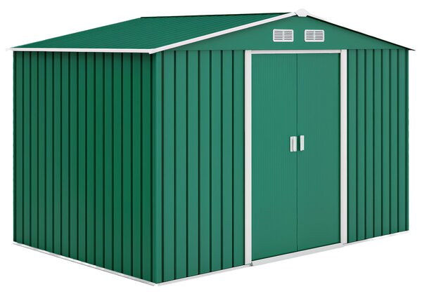 Zahradní shed Outsunny 4,9 m² 277x195x192 cm se skládacími dveřmi a šikmou střechou, zesílený základ (podlaha není součástí) a 4 tmavě zelená okna | A