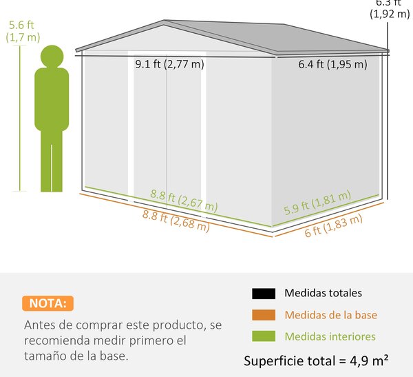 Zahradní shed Outsunny 4,9 m² 277x195x192 cm se skládacími dveřmi a šikmou střechou, zesílený základ (podlaha není součástí) a 4 tmavě zelená okna | A