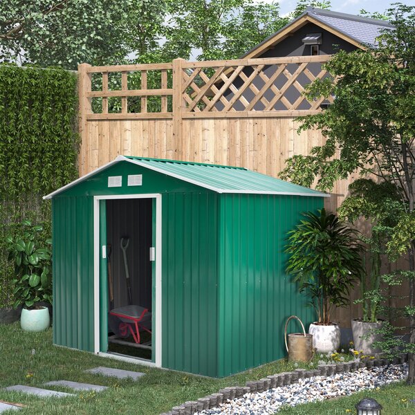 Zahradní shed Outsunny 4,9 m² 277x195x192 cm se skládacími dveřmi a šikmou střechou, zesílený základ (podlaha není součástí) a 4 tmavě zelená okna | A