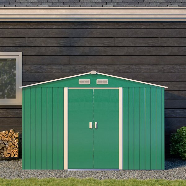 Zahradní shed Outsunny 4,9 m² 277x195x192 cm se skládacími dveřmi a šikmou střechou, zesílený základ (podlaha není součástí) a 4 tmavě zelená okna | A