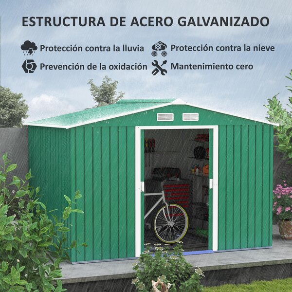 Zahradní shed Outsunny 4,9 m² 277x195x192 cm se skládacími dveřmi a šikmou střechou, zesílený základ (podlaha není součástí) a 4 tmavě zelená okna | A