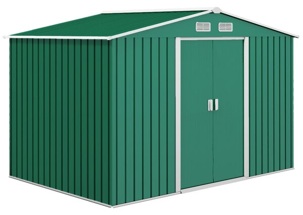 Zahradní shed Outsunny 4,9 m² 277x195x192 cm se skládacími dveřmi a šikmou střechou, zesílený základ (podlaha není součástí) a 4 tmavě zelená okna | A