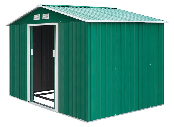 Zahradní shed Outsunny 4,9 m² 277x195x192 cm se skládacími dveřmi a šikmou střechou, zesílený základ (podlaha není součástí) a 4 tmavě zelená okna | A