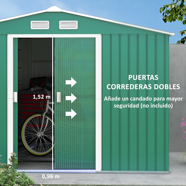 Zahradní shed Outsunny 4,9 m² 277x195x192 cm se skládacími dveřmi a šikmou střechou, zesílený základ (podlaha není součástí) a 4 tmavě zelená okna | A