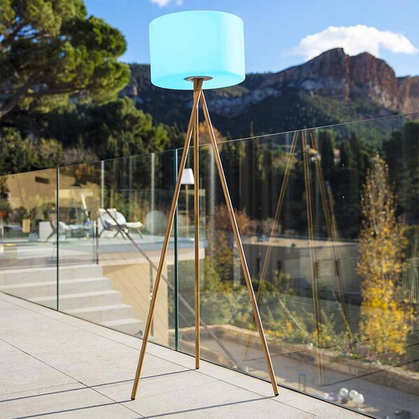 Lumisky LED stojací lampa Tamboury na akumulátor, bílá/hnědá, výška 150 cm, ocel, stmívatelný, Světlé dřevo, kov, Lampa trojnožka