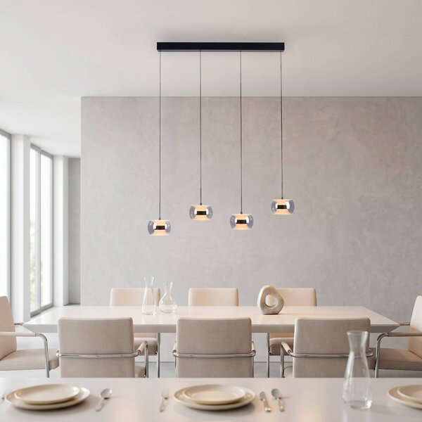 Paul Neuhaus LED závěsné světlo Fumea, délka 110 cm, černá/kouřová, sklo, 4 žárovky, stmívatelný, Černá, Obývací pokoj / jídelna, Sklo