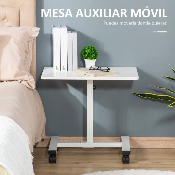 HOMCOM Mobilní Boční Stolek s Nastavitelnou Výškou pro Pohovku a Postel s Kovovým Rámem a Brzdami do Ložnice a Obývacího Pokoje 60x40x52.5-84 cm Bílý