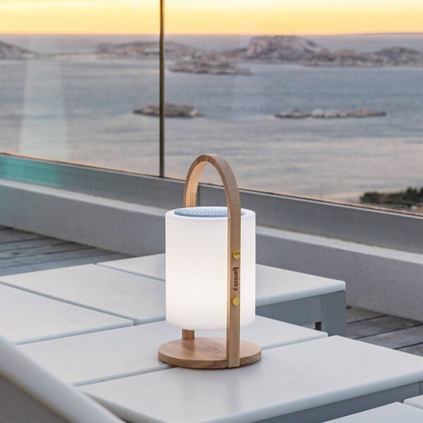 Lumisky LED stolní lampa Woody Play na akumulátor, bílá/hnědá, výška 39 cm, dřevo, Světlé dřevo, Dřevo, Moderní