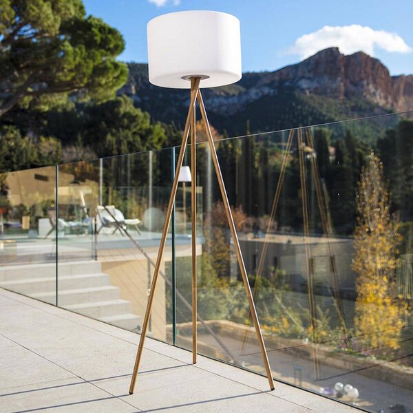 Lumisky LED stojací lampa Tamboury na akumulátor, bílá/hnědá, výška 150 cm, ocel, stmívatelný, Světlé dřevo, kov, Lampa trojnožka