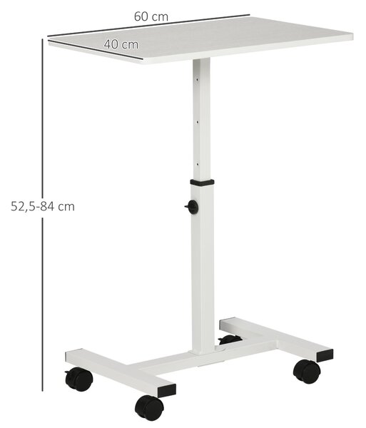 HOMCOM Mobilní Boční Stolek s Nastavitelnou Výškou pro Pohovku a Postel s Kovovým Rámem a Brzdami do Ložnice a Obývacího Pokoje 60x40x52.5-84 cm Bílý