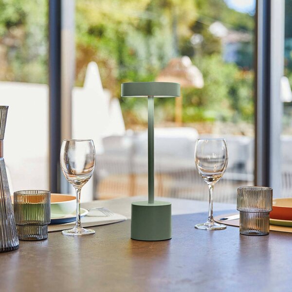 Lumisky LED stolní lampa Roby na akumulátor, olivově zelená, výška 30 cm, IP54, stmívatelný, Zelená, Hliník, Moderní