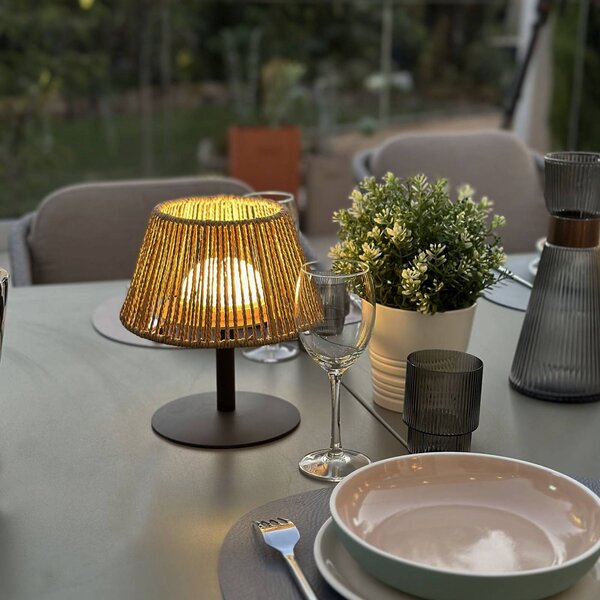 Lumisky LED stolní lampa Raffy na baterie, antracitová/světle hnědá, výška 22 cm, IP44, stmívatelný, Černá, kov