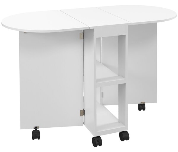 HOMCOM Skládací jídelní stůl na kolečkách s rozkládacími bočnicemi a 2 otevřenými policemi, moderní styl, nosnost 80 kg, 120x60x77 cm, bílý | Aosom