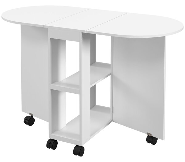 HOMCOM Skládací jídelní stůl na kolečkách s rozkládacími bočnicemi a 2 otevřenými policemi, moderní styl, nosnost 80 kg, 120x60x77 cm, bílý | Aosom