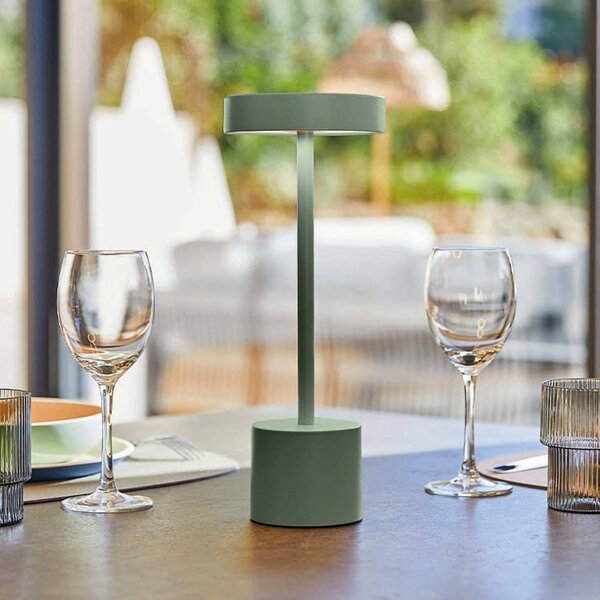 Lumisky LED stolní lampa Roby na akumulátor, olivově zelená, výška 30 cm, IP54, stmívatelný, Zelená, Hliník, Moderní