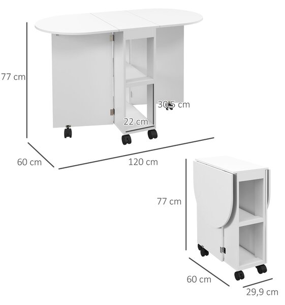 HOMCOM Skládací jídelní stůl na kolečkách s rozkládacími bočnicemi a 2 otevřenými policemi, moderní styl, nosnost 80 kg, 120x60x77 cm, bílý | Aosom