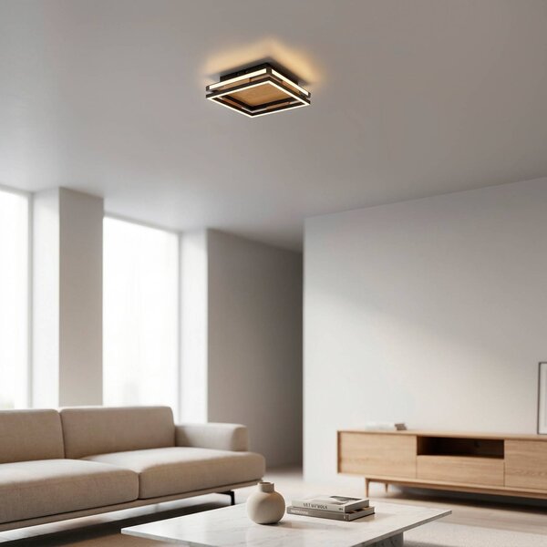 Paul Neuhaus LED stropní svítidlo Sveja, délka 30 cm, černá/dřevěná barva,, stmívatelný, Světlé dřevo, Obývací pokoj / jídelna, Dřevo, Moderní
