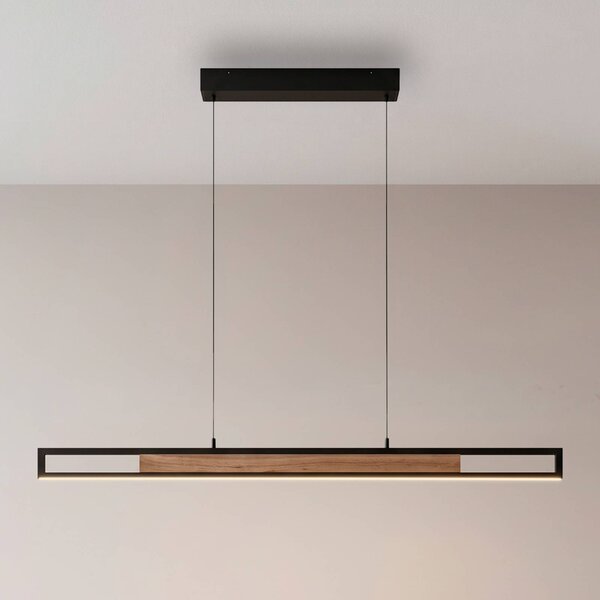 Paul Neuhaus LED závěsné světlo Sveja, délka 115 cm, černá/v barvě dřeva,, stmívatelný, Světlé dřevo, Obývací pokoj / jídelna, Dřevo, Moderní