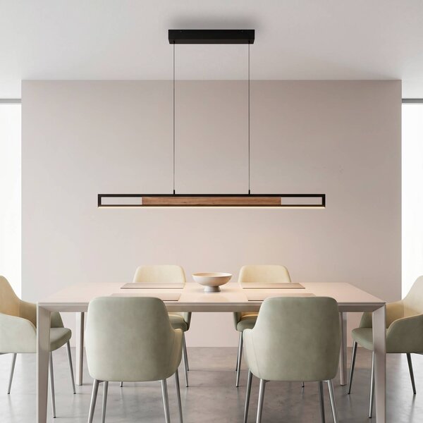 Paul Neuhaus LED závěsné světlo Sveja, délka 115 cm, černá/v barvě dřeva,, stmívatelný, Světlé dřevo, Obývací pokoj / jídelna, Dřevo, Moderní