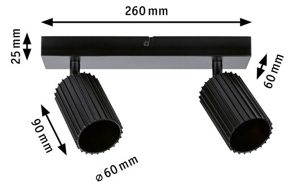 Paulmann Stropní bodové světlo Lirena, černý matný, délka 26 cm, 2 žárovky., stmívatelný, Černá, Obývací pokoj / jídelna, kov, Moderní
