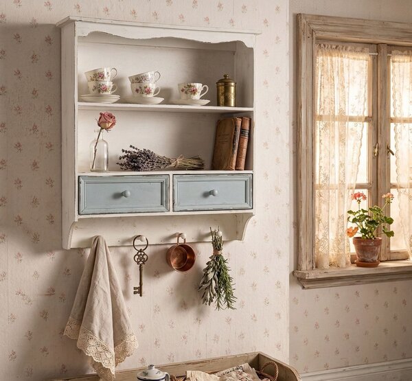 Bílá vintage nástěnná polička s modrými šuplíčky Vann - 56*13*60 cm - Clayre & Eef