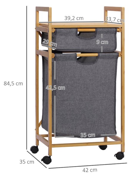 HOMCOM Bambusový koš na prádlo s 2 odnímatelnými textilními taškami, otevřenou policí, 2 bočními úchyty a 4 kolečky 42x35x85 cm Šedý | Aosom