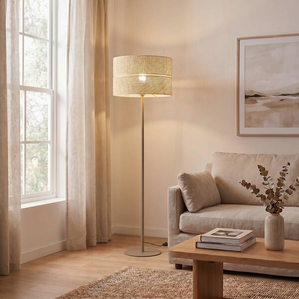 TK Lighting Stojací lampa Calma, béžová, rafiová, výška 159 cm, E27, Krémová / jantar, Obývací pokoj / jídelna