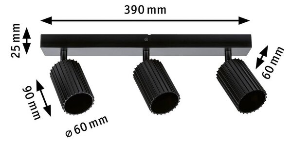 Paulmann Stropní bodové světlo Lirena, matná černá, délka 39 cm, 3 žárovky., stmívatelný, Černá, Obývací pokoj / jídelna, kov, Moderní