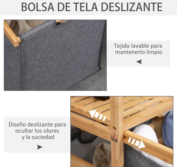 HOMCOM Bambusový koš na prádlo s 2 odnímatelnými textilními taškami, otevřenou policí, 2 bočními úchyty a 4 kolečky 42x35x85 cm Šedý | Aosom