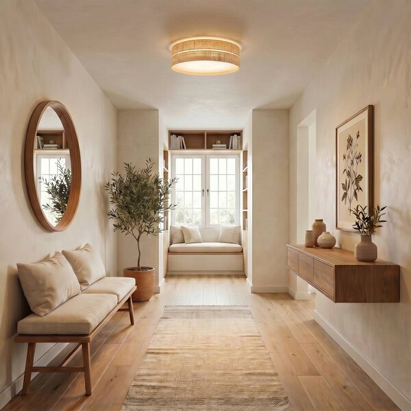 TK Lighting Stropní světlo Calma, béžové, rafiová tkanina, Ø 60 cm, E27, stmívatelný, Krémová / jantar, Obývací pokoj / jídelna