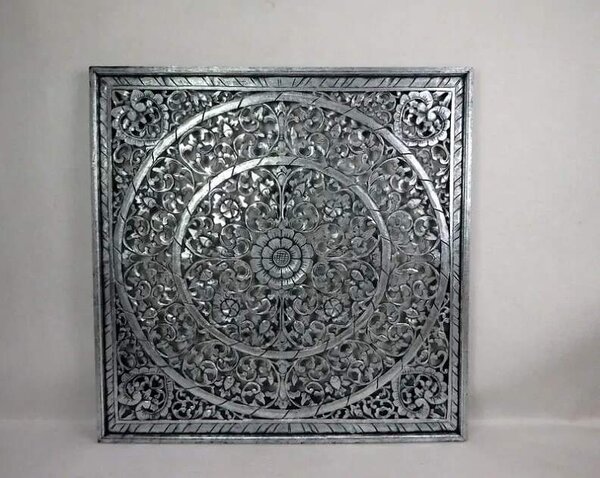 Závěsná dekorace - MANDALA stříbrná černá, dřevo, ruční práce, 100x100 cm