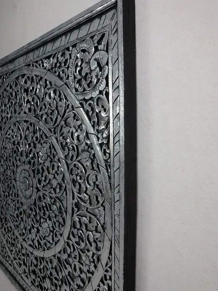 Závěsná dekorace - MANDALA stříbrná černá, dřevo, ruční práce, 100x100 cm