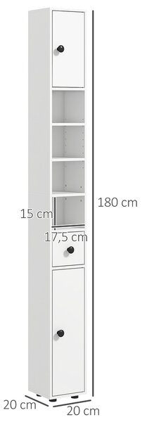 Kleankin Moderní vysoký koupelnový skříň s 1 zásuvkou, 5 nastavitelnými policemi a 2 dveřmi, koupelnový nábytek, nosnost 30 kg, 20x20x180 cm, bílá | A