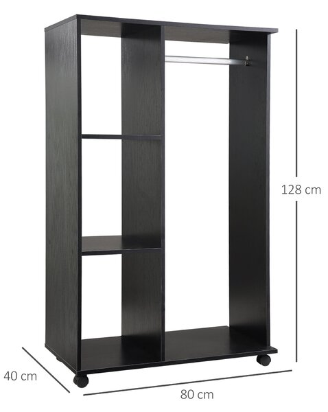 HOMCOM Skříň na kolečkách s otevřeným designem pro oblečení s ramínkovou tyčí a policemi organizátor pro ložnici 80x40x128 cm Černá | Aosom
