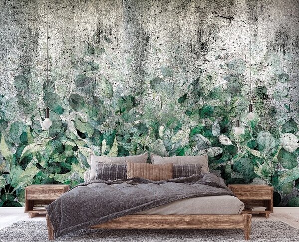 Vliesové fototapety 14515V8, rozměr 368 cm x 254 cm, industriální zeď s listy, IMPOL TRADE