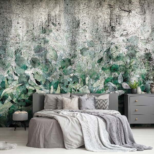 Vliesové fototapety 14515V8, rozměr 368 cm x 254 cm, industriální zeď s listy, IMPOL TRADE