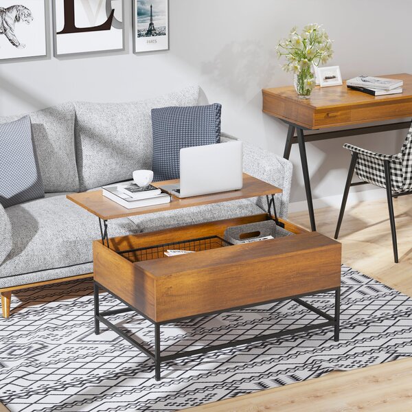 HOMCOM Zvedací konferenční stolek se skrytým úložným prostorem 90x60,5x45,5 cm Teak | Aosom