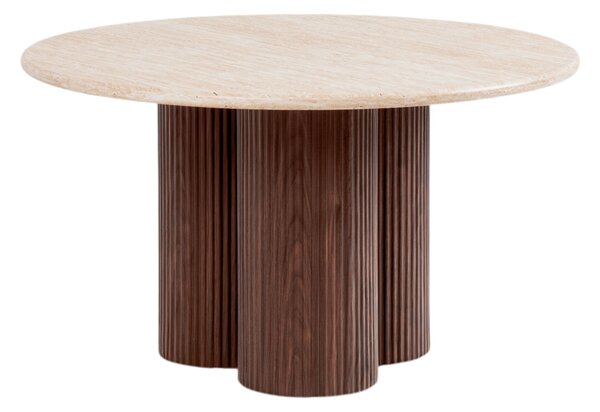 Kulaty konferenční stolek Massia 80 cm do obývacího pokoje - travertin / ořech