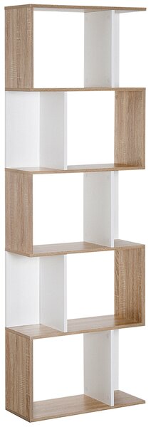 HOMCOM 5-patrová knihovna Dřevěný regál S-tvarovaný Moderní design pro obývací pokoj a kancelář 60x24x184,5 cm Bílá a dřevo | Aosom