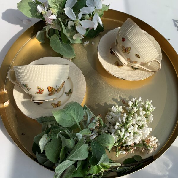 Porcelánový šálek na noze s podšálkem Ecru Butterflies 125 ml sada 2ks