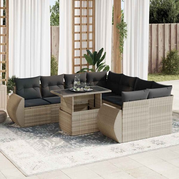 9dílná zahradní sedací souprava a podušky světle šedá polyratan 3326613