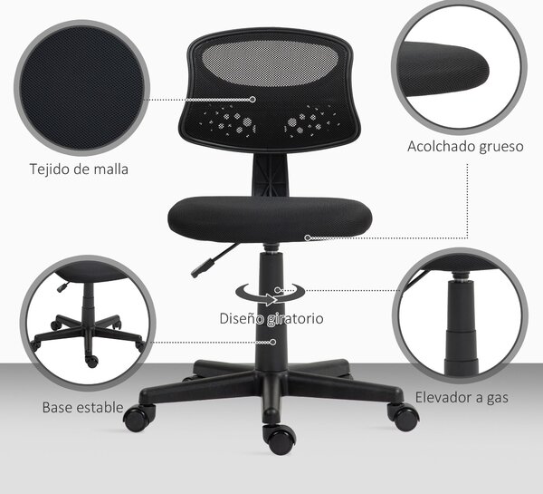 Kancelářská židle HOMCOM bez područek, ergonomická, síťovaná, otočná, nastavitelná výška, 120 kg nosnost | Aosom